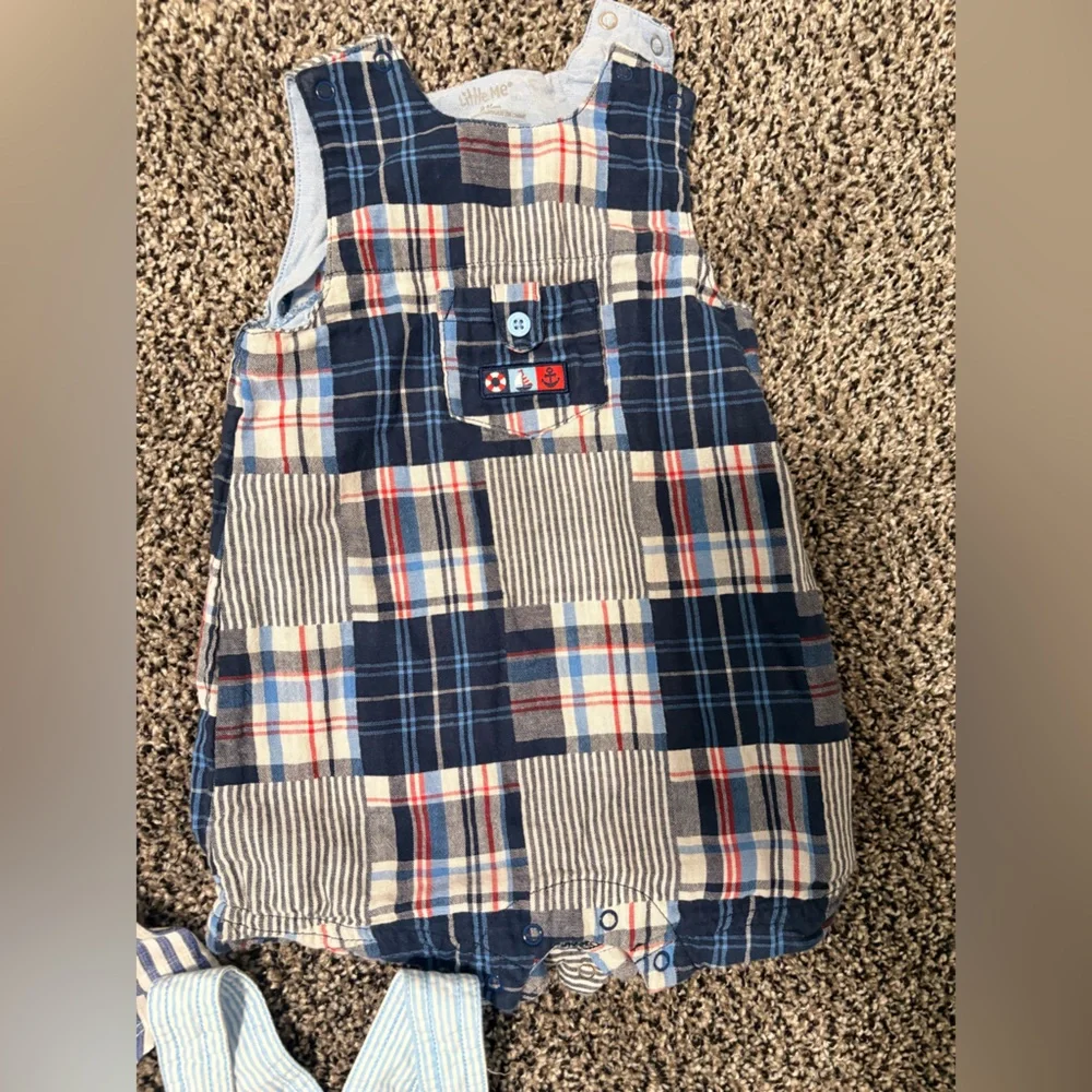 Baby Boys Nautical Stripe & Plaid Romper Set - Blue, Navy, Red